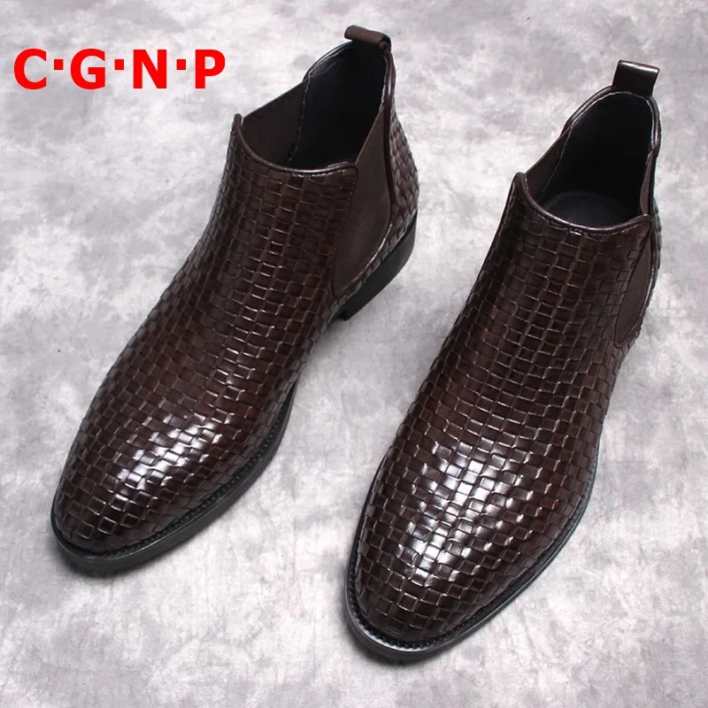 

C·G·N·P Chelsea Boots Men Autumn Winter Handmade Weave 100% Real Leather Martin Boots Luxury Leather Mens Shoes Ankle Boots