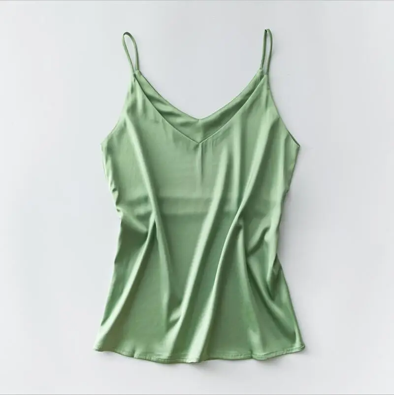 Light Green Топ на тонких бретелях, женский топ с v-образным вырезом, базовая белая майка без рукавов, атласная шелковая майка, женская летняя майка размера плюс - Цвет: Light Green