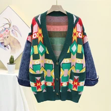 Зимний женский кардиган, свитер с v-образным вырезом, Свободное пальто с джинсовыми рукавами, Женское пальто, винтажные Теплые Топы, Женский вязаный свитер, пальто для женщин