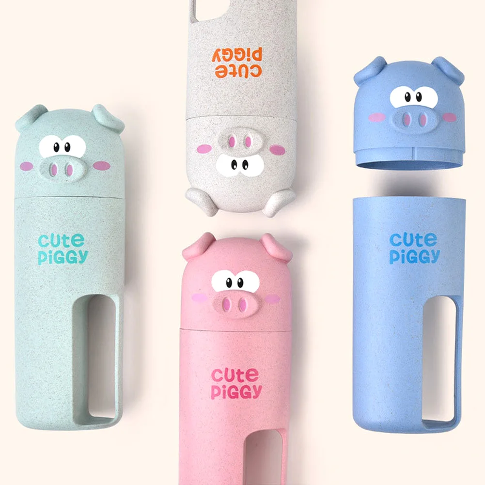 Cute Piggy With Toothbrush Household Outdoor Case Organizer Washing Cup Set Wheat Fiber Holder Storage Cartoon Accessories