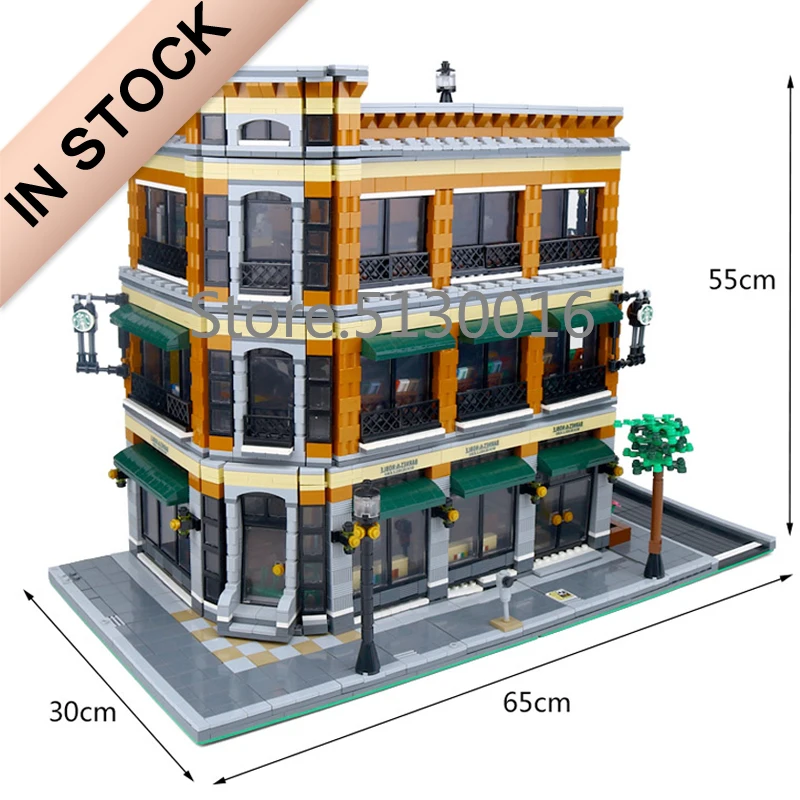 

In Stock Creator The Cafe and Bookstore 15017 4616Pcs Street View MOC Model Building Kits Blocks Bricks Education Toys