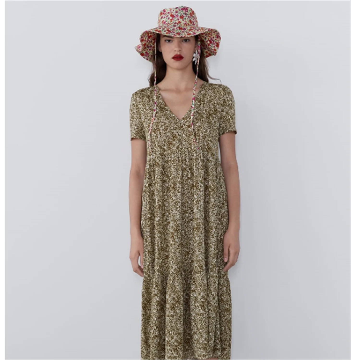 

2019 Summer ZA New Women's Print Drape Dress Boho V-neck Short-sleeved Loose Dress Fashion Deep Khaki Ladies Dress Wedding Gift