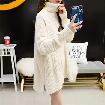 

Women High Collar Sweater 2019 Autumn Winter New Thickening Loose Pullover Tops Solid Color Medium Long Knitted Sweater XIN241