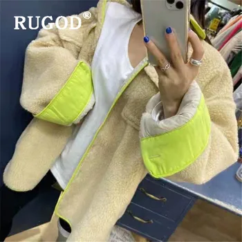 

RUGOD Streetwear Lamb Wool Coat Women Fashion Bright Purple Khaki Fleece Jacket Oversize Winter Jacket Women Pocket Woolen Coat