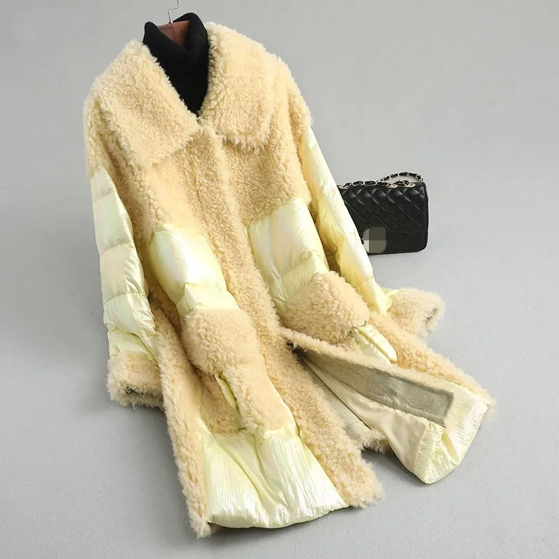 Зимняя уличная одежда, шерстяное пальто для женщин, комбинированное пуховое пальто, новинка, роскошная мода, с отворотом, длинный рукав, теплая верхняя одежда, офисное длинное пальто