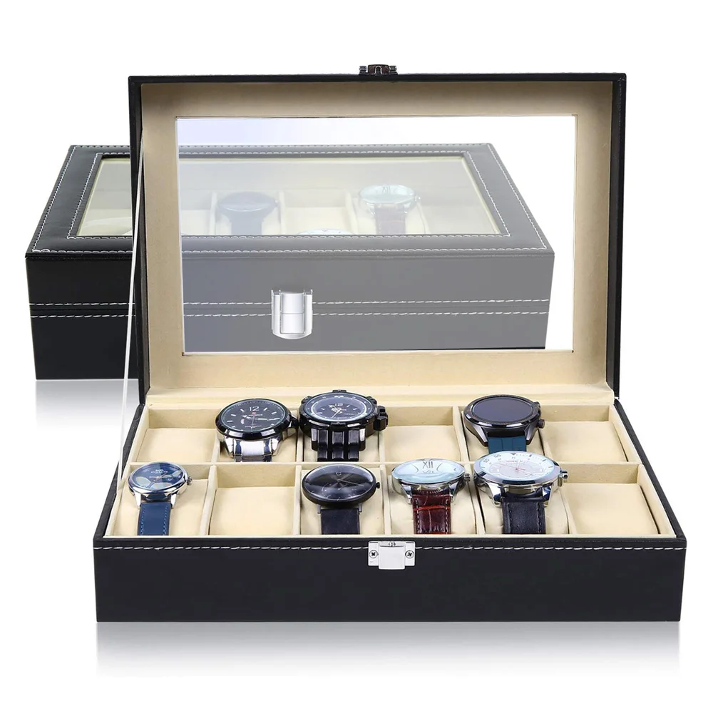 Window Black Leather Watch Box Case Professional Holder Organizer For Clock Watches Jewelry Boxes Travel Case Display Best Gift