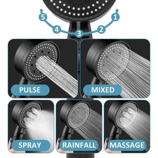 Shower Head Water Saving Black 5 Mode Adjustable High Pressure Shower One-key Stop Water Massage Eco Shower Bathroom Accessories 3