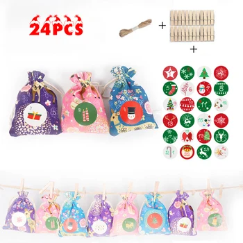 

24Pcs Linen bag DIY Xmas Pattern Advent Calendar Candy Gift Hanging Rope