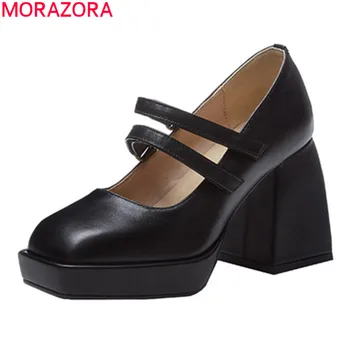 

MORAZORA 2020 New arrival genuine leather shoes ladies pumps thick high heels square toe platform party wedding shoes