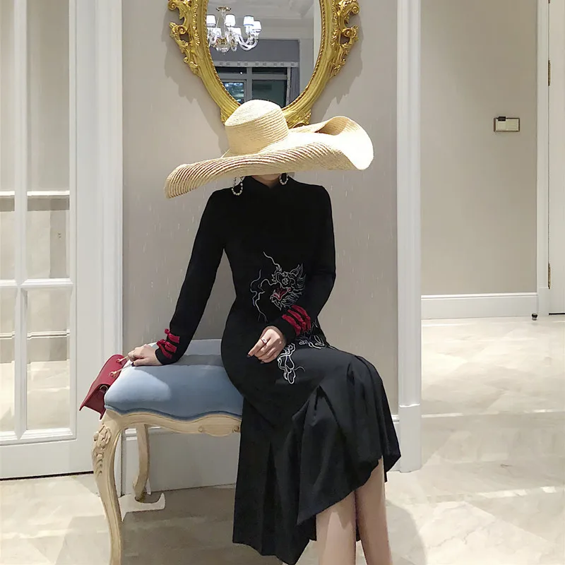 

Retro Chinese-style Embroidered Improved New-Style Cheongsam GIRL'S nian qing kuan Mid-length Elegant Long-sleeved Dress Spring