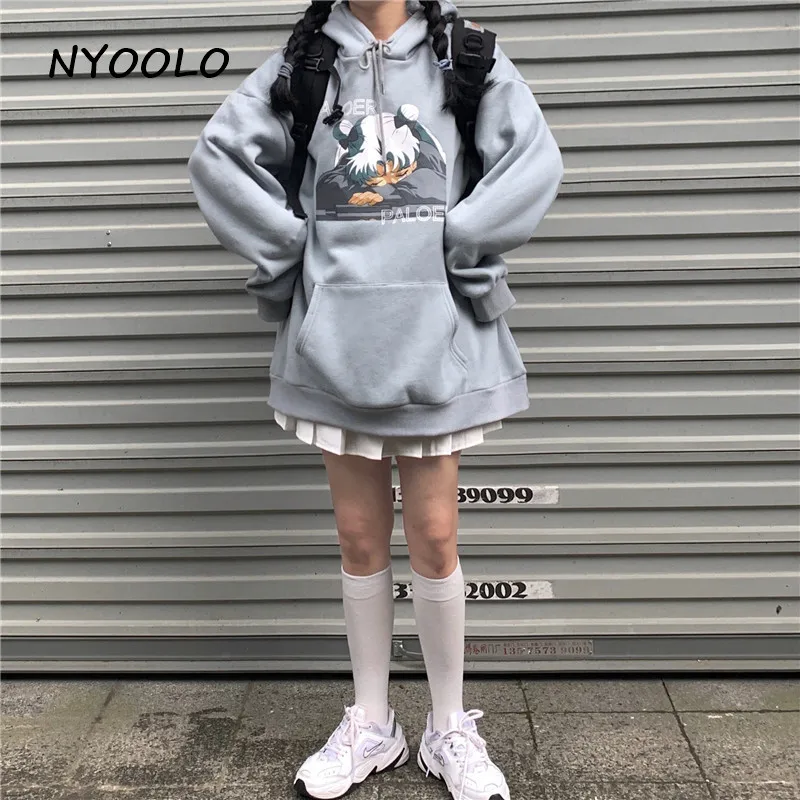 NYOOLO Harajuku стиль мультфильм ленивая девушка печати Свободные теплые толстовки осень зима длинный рукав с капюшоном Пуловеры Толстовка для женщин и мужчин