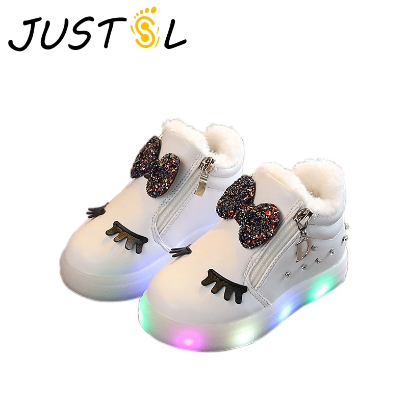 Детские ботинки с хлопковой подбивкой JUSTSL модные бантиком и стразами светящиеся