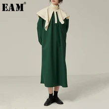 [EAM] женское зеленое длинное платье большого размера с разрезом, новинка, водолазка с длинным рукавом, свободный крой, модный стиль, весна-осень, 1N142