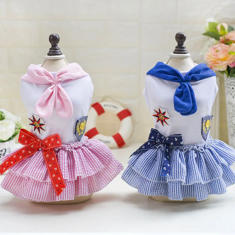 Spring Summer Sailor Skirt Pet Garment Pet Skirt Striped Dog Harness Dress Dog Dresses Pet Dress Cotton Blue Pink Dog Costume