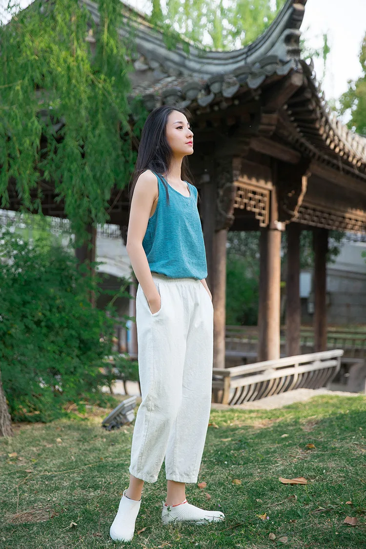 Johnature Loose Comfortable Solid Color Pockets Elastic Waist All-match Calf-length Pants 2020 Autumn New Women Straight Pants