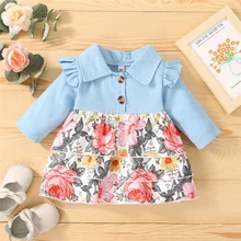 

0-24 Months Baby Girls A-Line Dress Kids Lapel Long Sleeve Patchwork Floral Printed Layer Hem Princess Dresses Garment Party