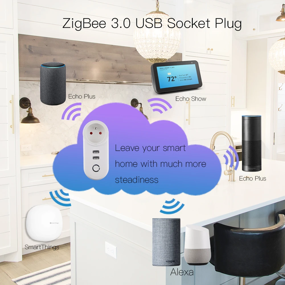 FR ZigBee3.0 двойной USB беспроводной разъем SmartThings приложение дистанционное управление эхо плюс Голосовое управление работа с Alexa Google Home