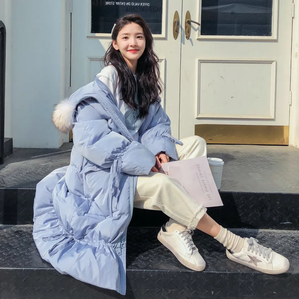 

Photo Shoot INS Sweet College Style Large Fur Collar Shirred Lace-up Fishtail down Coat Women's over-the-Knee Long Cotton Overco