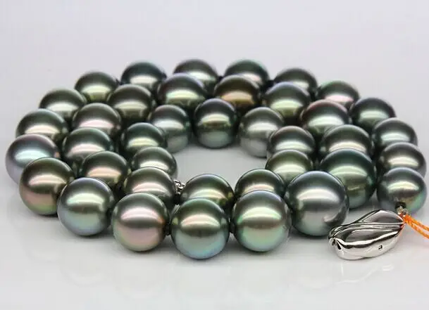 19" huge18"13-15mm Tahitian genuine black peacock green multic round pearl necklace(0926