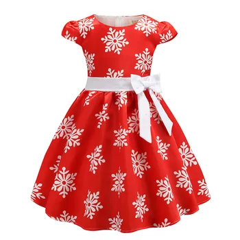 

2019 Autumn Fashion Christmas Snow Printing Dress Kids Dresses Girls Dress For Gir Cotton O-neck Short Sleeve Bow Princess Dress