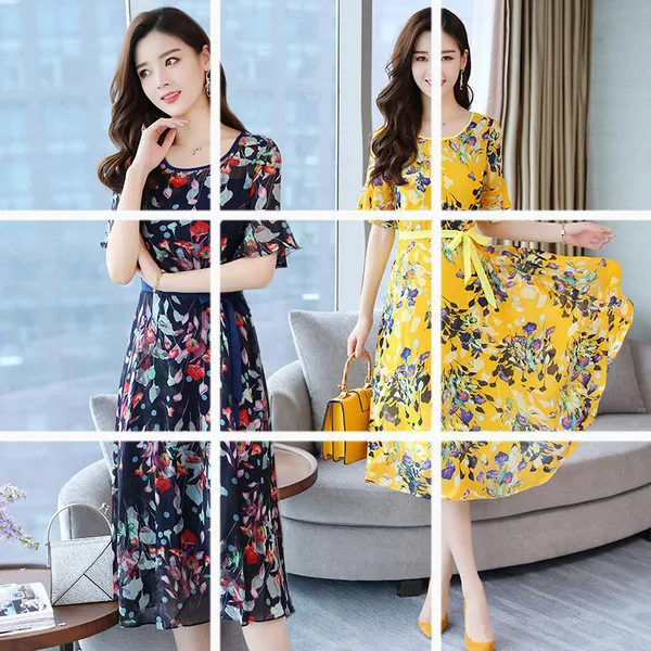 

[] Bohemian Floral-Print Chiffon Dress Women Dress Summer New Style Elegant Explicit Thin Long