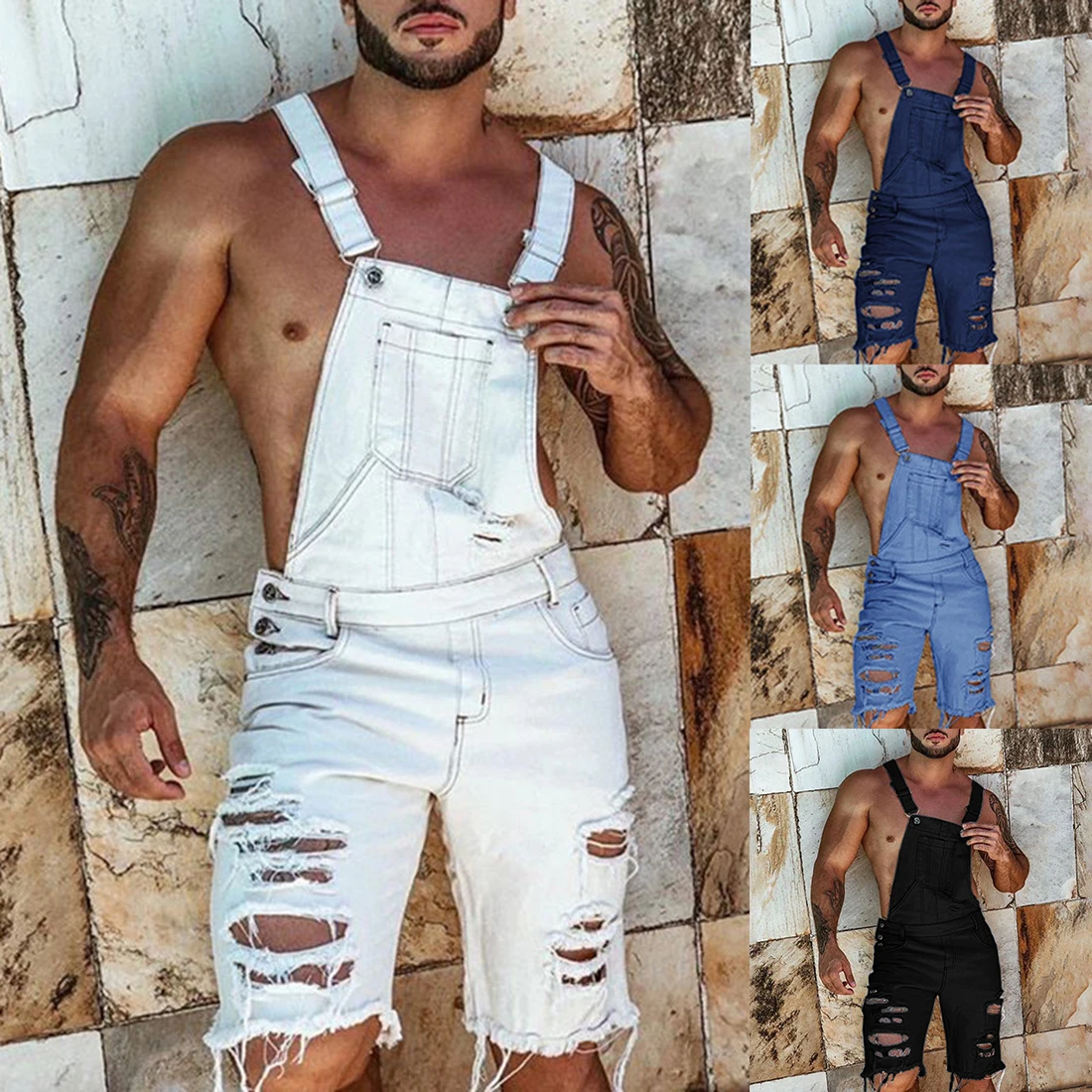 

2020 Fashion Plus Size Summer Men's Overalls Solid Color Ripped Denim Shorts Slim Fit Overalls Casual Pants