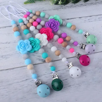 

XCQGH Food Grade Silicone Rose Flower Pendandt Baby Pacifier Clips Chain Newborn Baby Shower Gift Feeding Leash Strap