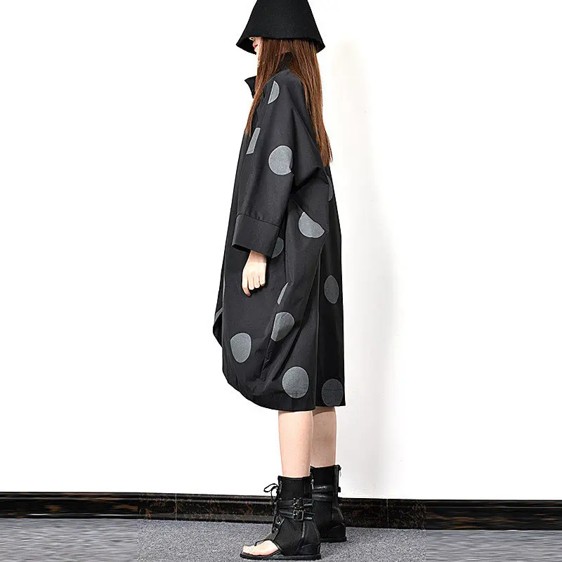 XITAO Dot Patchwork Casual Trench Women Winter Korean Fashion Tide Single Breasted Turn Down Collar Bat Sleeve Coat GCC1781
