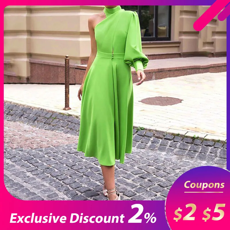 Long Lantern Lantern Sleeve Pullover Dress Women avocado Green One Shoulder Plus Size 4XL Dinner Party midi dress Female