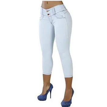 

Women's Jean-like Package Hip Pant Slims Solid Color High-waist Elastic Seven-cent Pants Cotton Blend Casual Wearing 2020 New