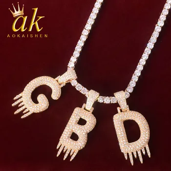 

Solid Back Initials Drip Bubble Letters Pendant Necklaces For Women Gold Color Tennis Chain Hip Hop Jewelry