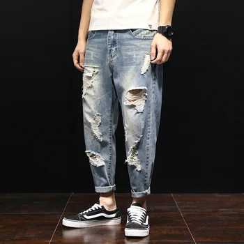 

2019Mans Autumn Destroyed Shredded Jeans Personality Casual Ankle Length Harem Pants Loose Fashion Korean Version Biker Trousers