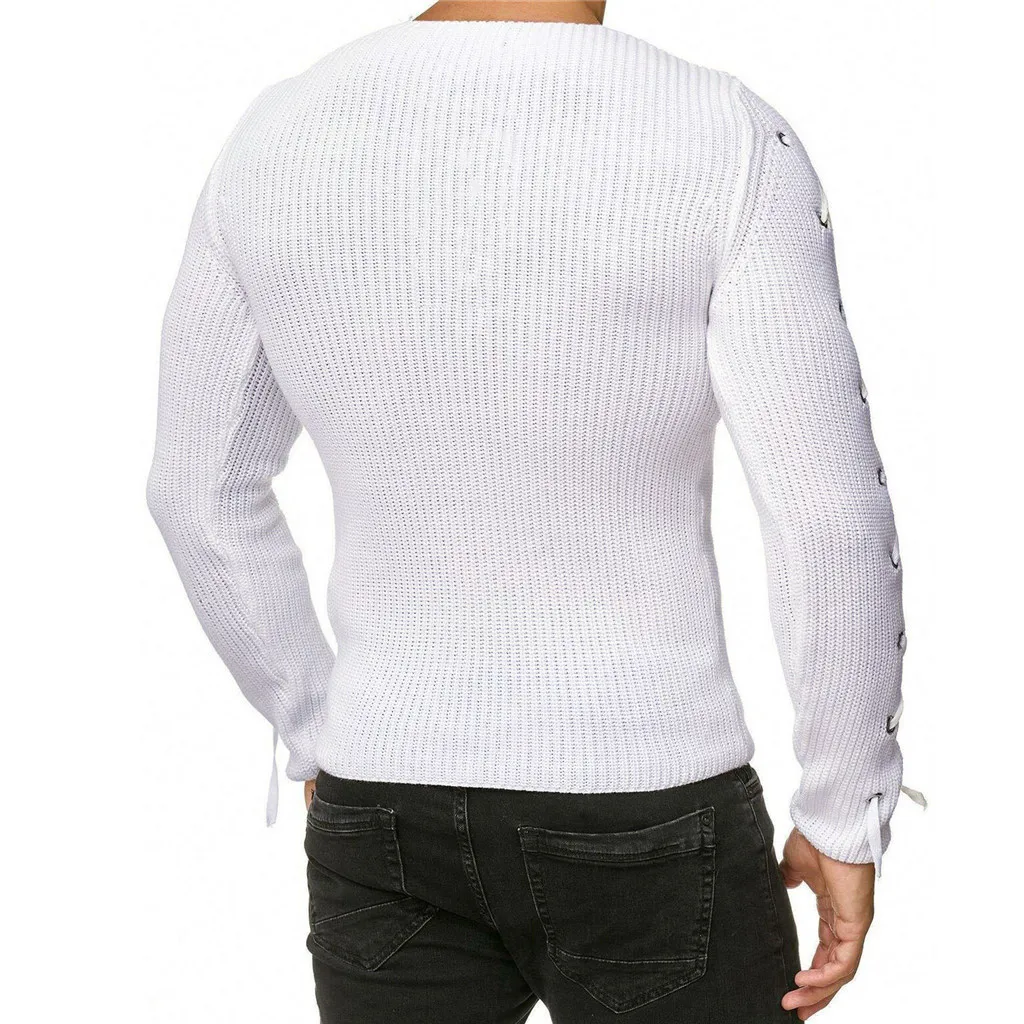 Свитер мужской модный осенне-зимний однотонный тонкий пуловер с круглым вырезом вязаный реглан свитер с завязками блузка Топ Z4