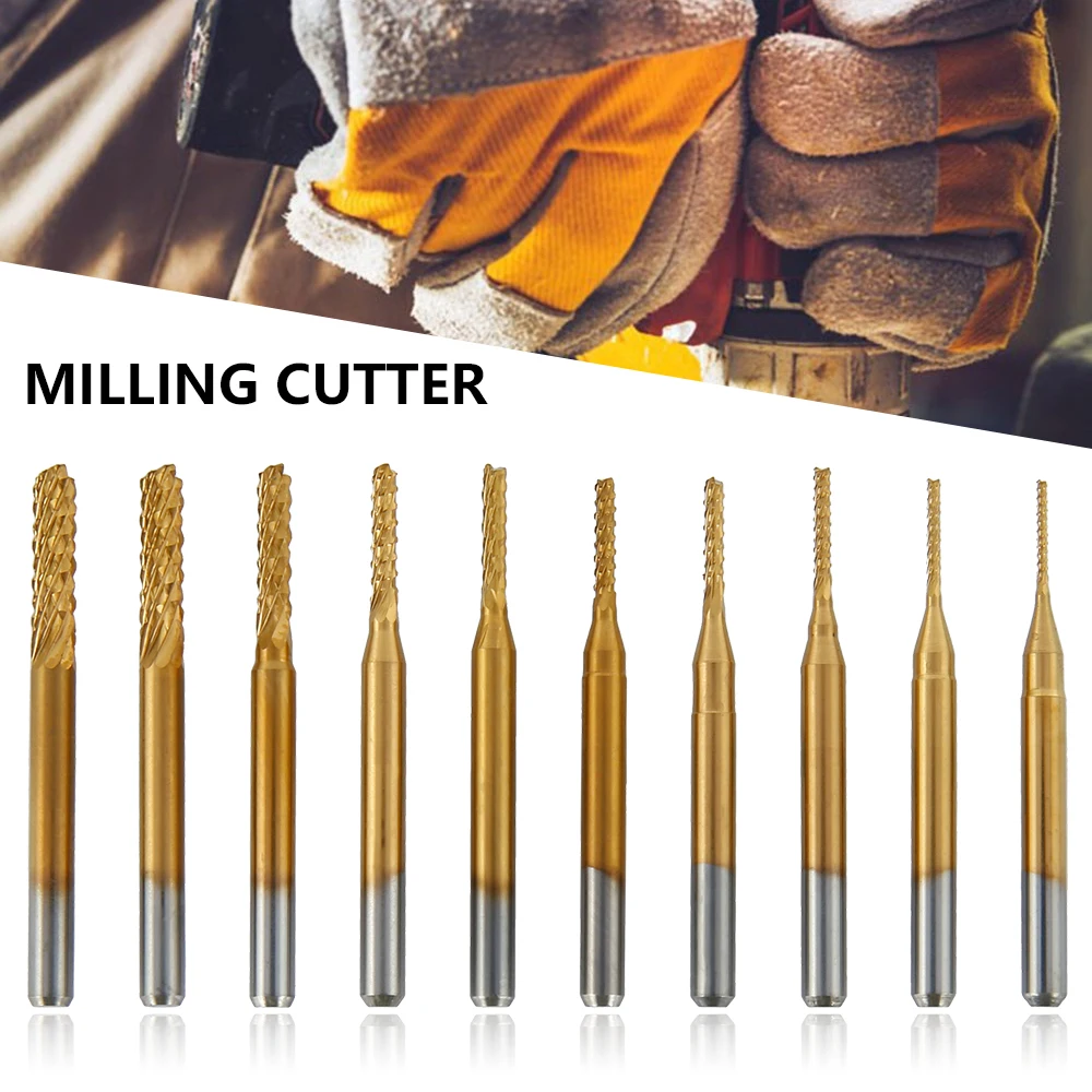 

10pcs 0.8-3.17mm Carbide Milling Cutter Set Titanium Coated CNC Machine Router Bit Milling Cutter For Metal Milling Engraving