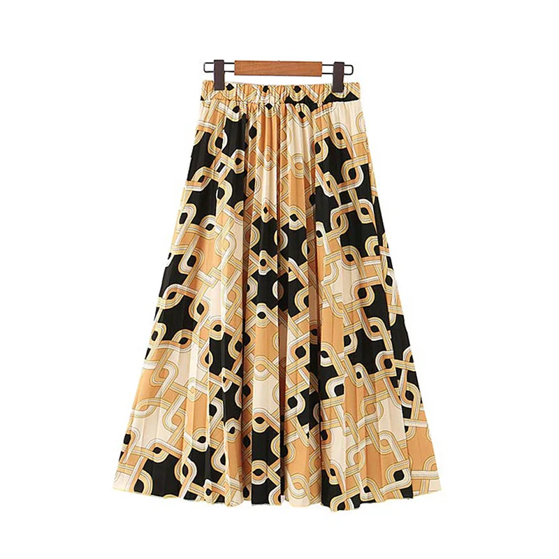 

Vintage Chain Print Pleated Midi Skirt Elegant Women 2019 Fashion Elastic Waist A Line Ladies Stylish Skirts Casual Faldas Mujer
