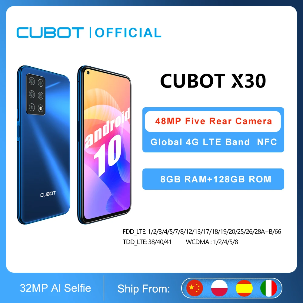 Cubot X30 Smartphone 48MP cinco Cámara 32MP Selfie 8GB RAM 128GB ROM NFC 4200mAh batería 6,4 FHD + Google Android 10 Global bandas Helio P60 WIFI 2,4G/5G SIM Dual teléfono móvil 4G LTE celular OTG