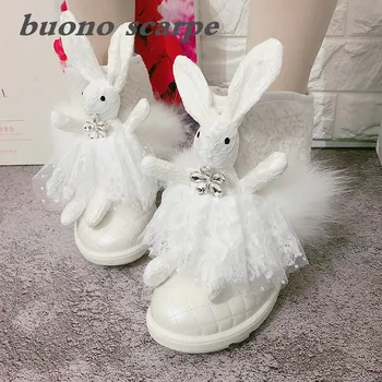 

Girl cute handmade custom exclusive design playful cute pearl white fox fur rabbit snow boots