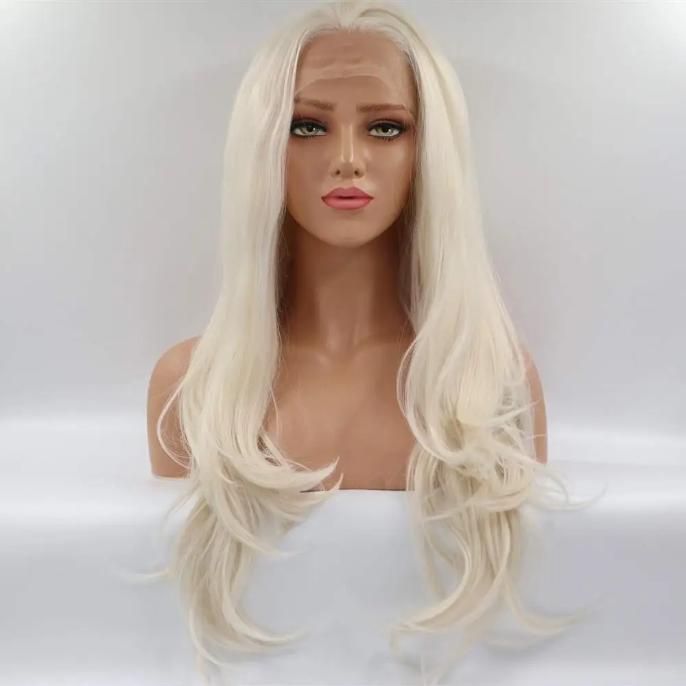 Marquesha платиновой блондинки из Синтетические волосы на кружеве парик для Для женщин длинные волнистые синтетические термостойкие волокна волос парики пополам завязываются 24 дюйма