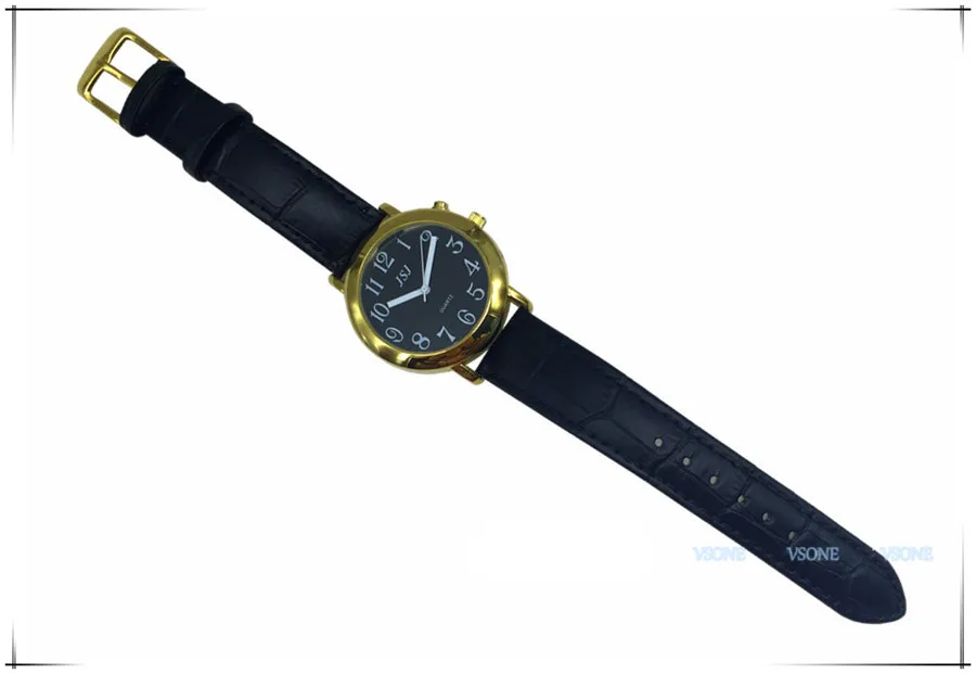 Французские говорящие часы с функцией будильника, говорящая Дата и время, черный циферблат, черный кожаный ремешок, золотой чехол TAF-607