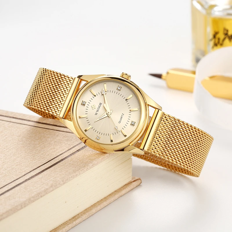WWOOR Dress Gold Watch Ladies Elegant Diamond Small Quartz Wrist Watches For Women Steel Mesh Clock zegarek damski womens quartz watch womens watch quartz watch women watches quartz watch set