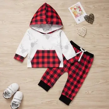 

0-24 Months Newborn Xmas Clothing 2019 Red Black Plaid Hooded Sweatshirt Tops Pant Baby Girls Outfit Tracksuits For Boys Clothes