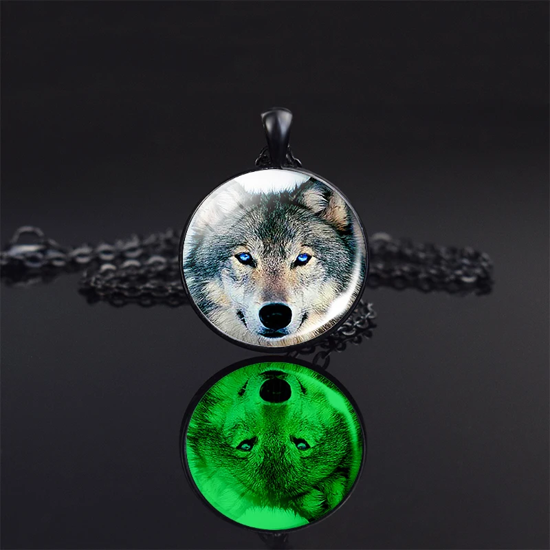 Wolf Luminous Necklace Wolf Head Howling Wolf Glass Cabochon Glow