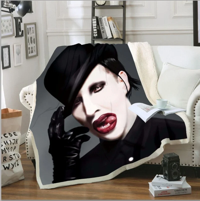 

Singer Marilyn Manson 3D Sherpa Blanket Velvet Plush Throw Fleece Blanket Bedspread Couch Sofa Quilt Cover Travel Bedding 02