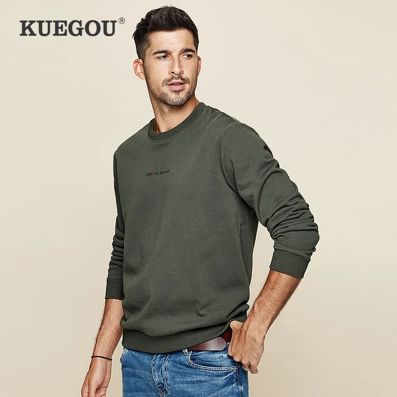 KUEGOU 100% Cotton men's hoodies fashion autumn pure color printed letters tide male sweatshirts top plus size color MW-2239 KUEGOU 100% Cotton men's hoodies fashion autumn pure color printed letters tide male sweatshirts top plus size color MW-2239