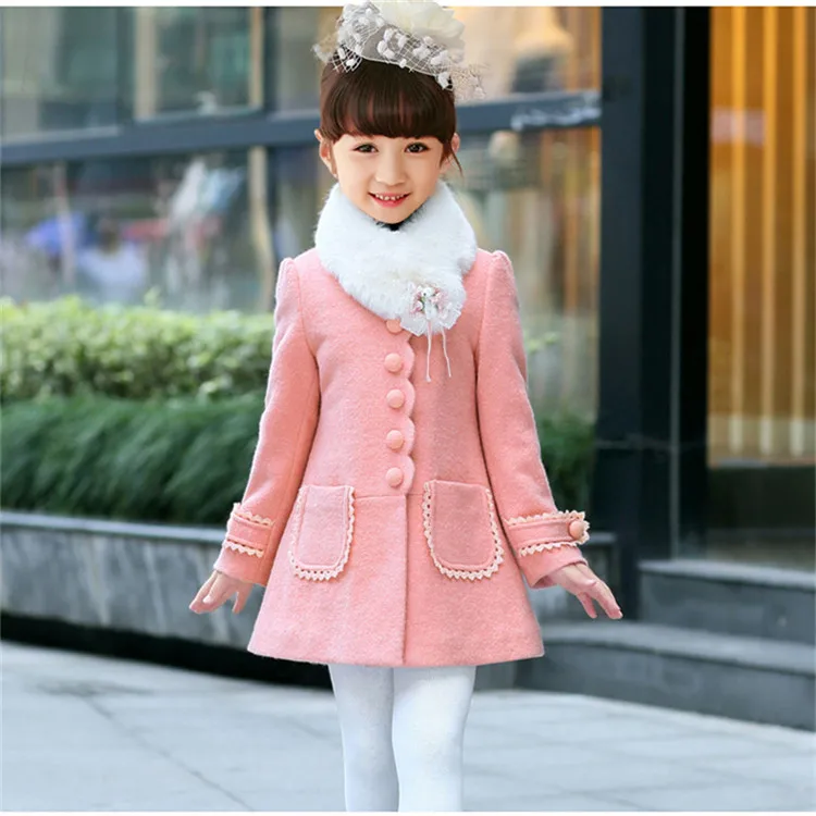 Kids Children girls woolen jacket pink thick big fur collar woolen coat princesses kids autumn winter wedding party clothes