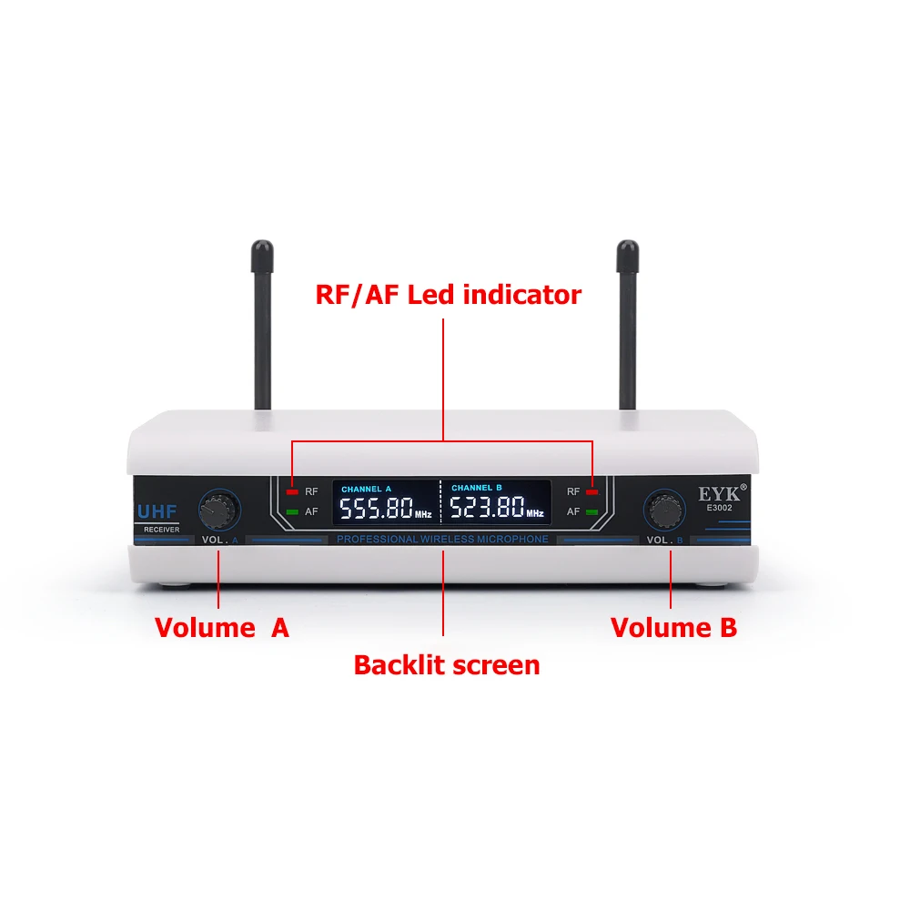 EYK E3002 Professional UHF Karaoke Wireless Microphone System Long Range Dual Metal Handheld Mic Transmitter with MUTE Function 2
