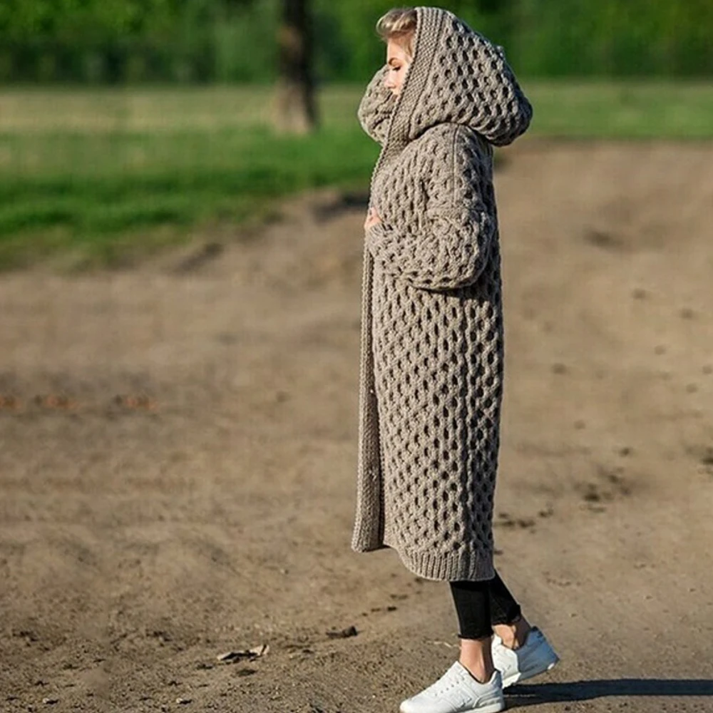 

2020 Autumn and Winter New Casual Hooded Twist Long Cardigan Thickened Knitted Sweater Women's Coat New Solid Color Top