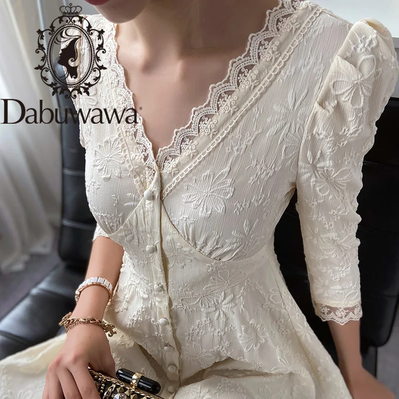 Dabuwawa French Vintage Ladies Lace Dress Puff Sleeve Single Breasted Front Elegant V-Neck Fit and Flare Dress Women DT1CDR030 Dabuwawa French Vintage Ladies Lace Dress Puff Sleeve Single Breasted Front Elegant V-Neck Fit and Flare Dress Women DT1CDR030