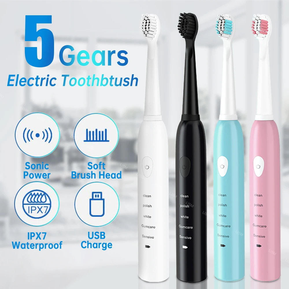 Cepillo de dientes eléctrico ultrasónico inteligente para adultos, 5 velocidades, recargable vía USB, IPX7, resistente al agua
