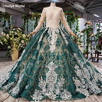 

HTL832 long evening dress green lace o-neck appliques flower button back long sleeve evening gown with train sukienka wieczorowa